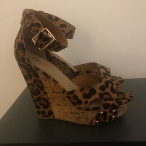 Leopard print corkscrew wedges, worn once!